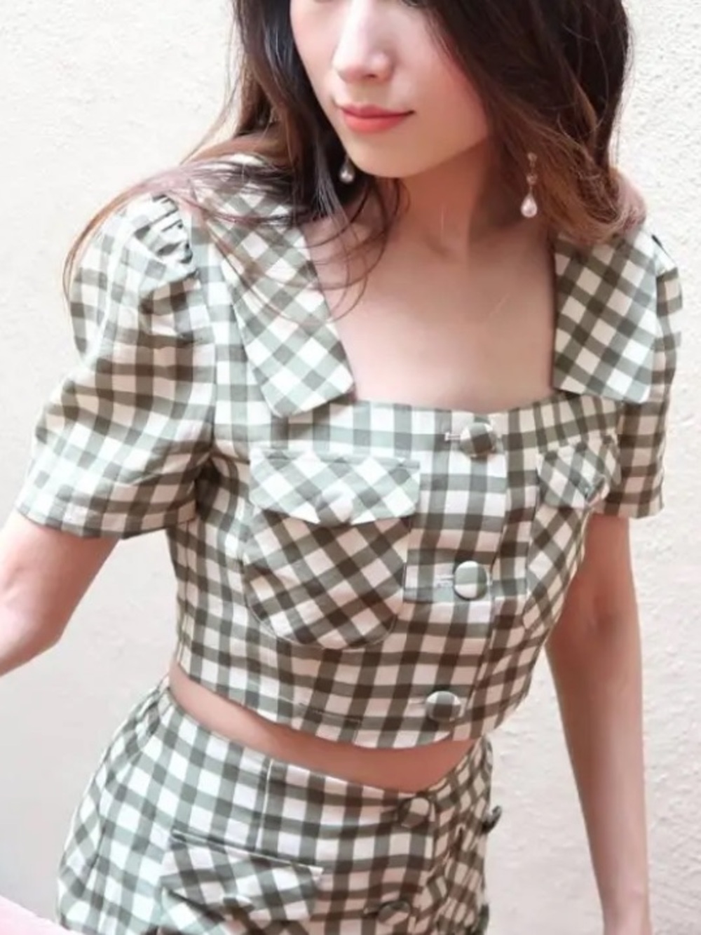Quanta du Soleil Gingham Cropped Puff Sleeve Top Green Size 36 US Sz 4 or S